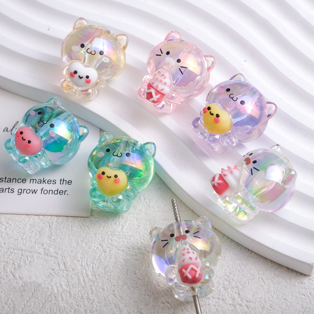Plating Heart Acrylic Beads 27mm Transparent Cat Design 10pcs