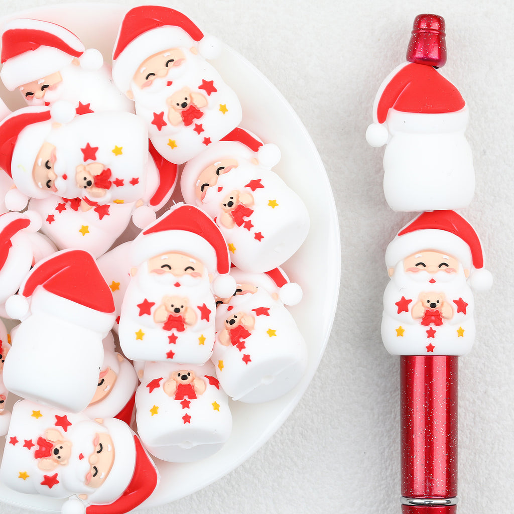 3D Santa Claus Silicone Focal Beads Wholesale, Christmas Red White Star Pattern