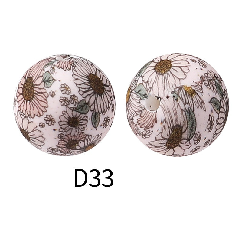 50Pcs 15mm Colored pattern printed silicone beads 35