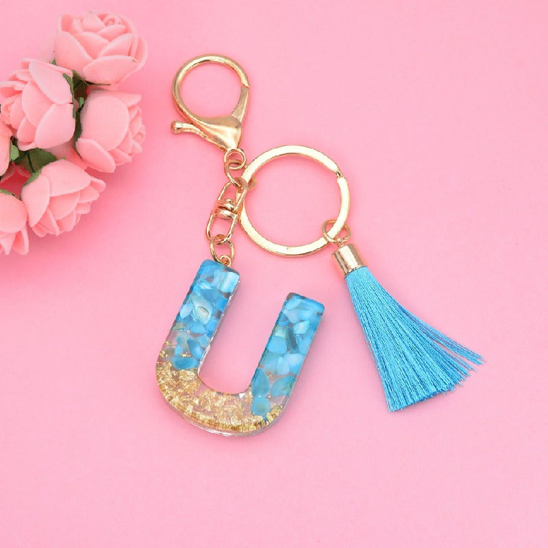 Blue Resin Tassel Monogram Keychain with Gold Flake Accent 23