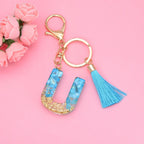 Blue Resin Tassel Monogram Keychain with Gold Flake Accent 23