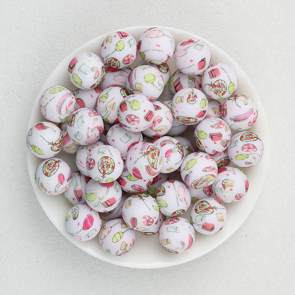 15mm Printed Cartoon Pattern Silicone Round Beads 50pcs - Afternoon Tea