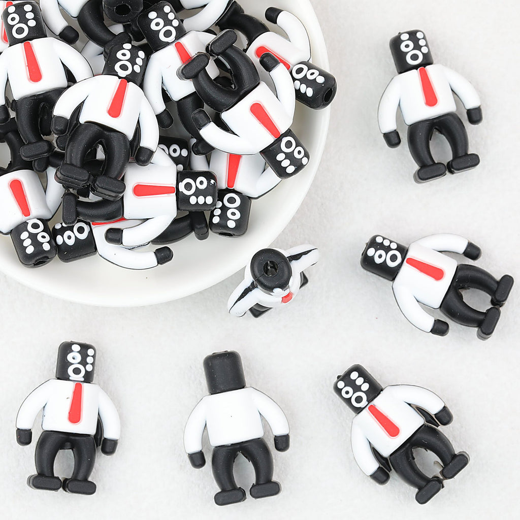 3D Suit Robot Silicone Focal Beads Black White 20pcs