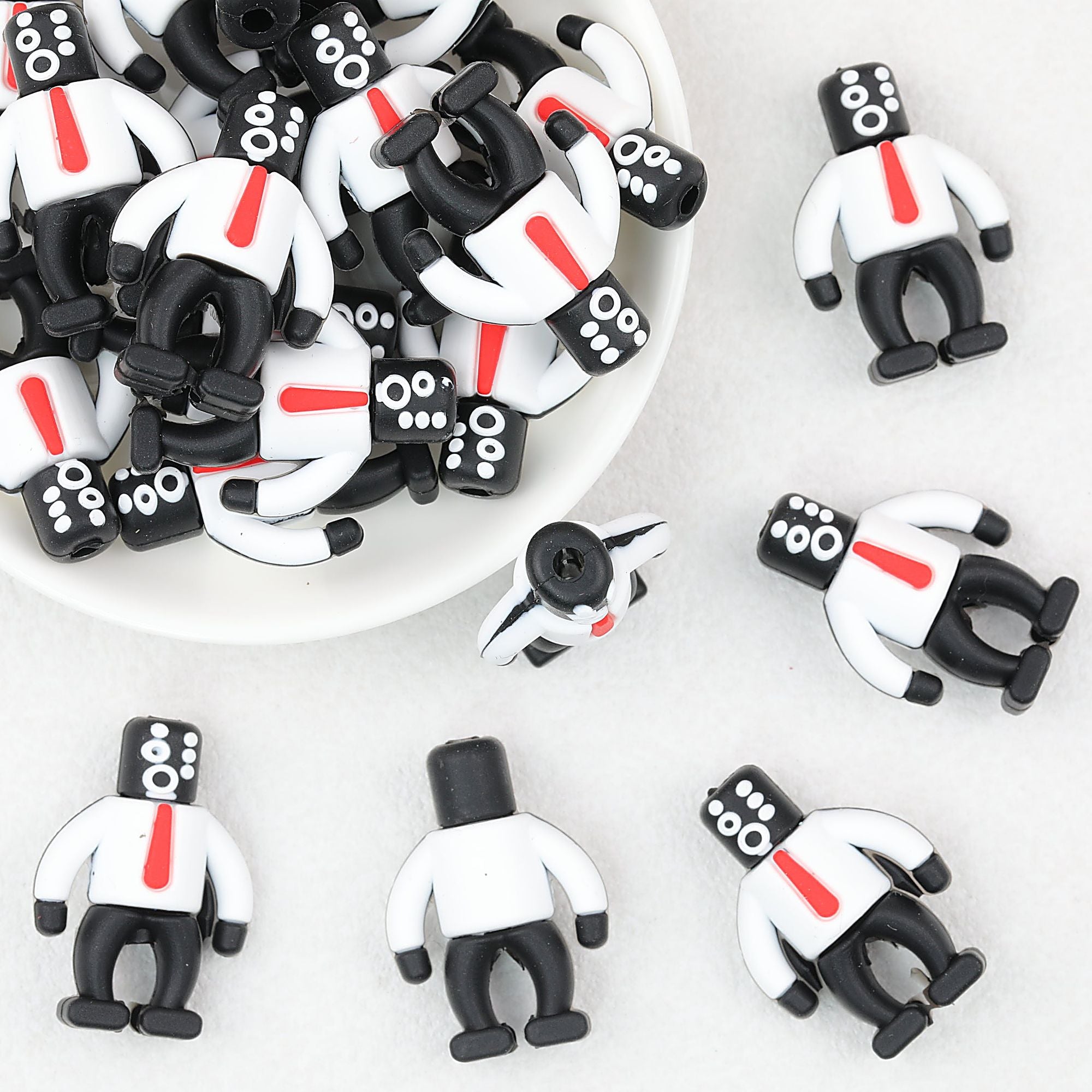 3D Suit Robot Silicone Focal Beads Black White 20pcs