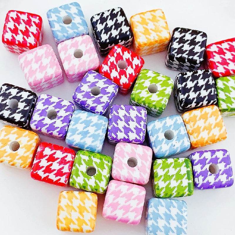 Houndstooth Square Acrylic Beads 16mm Colorful Pattern 10pcs 4