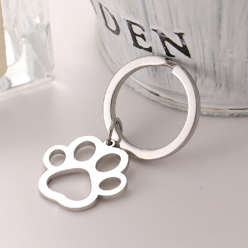 Stainless Steel Hollow Paw Dog Keychain Silver Tone 5