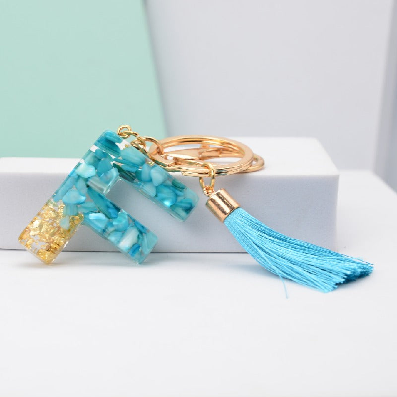 Blue Resin Tassel Monogram Keychain with Gold Flake Accent 8