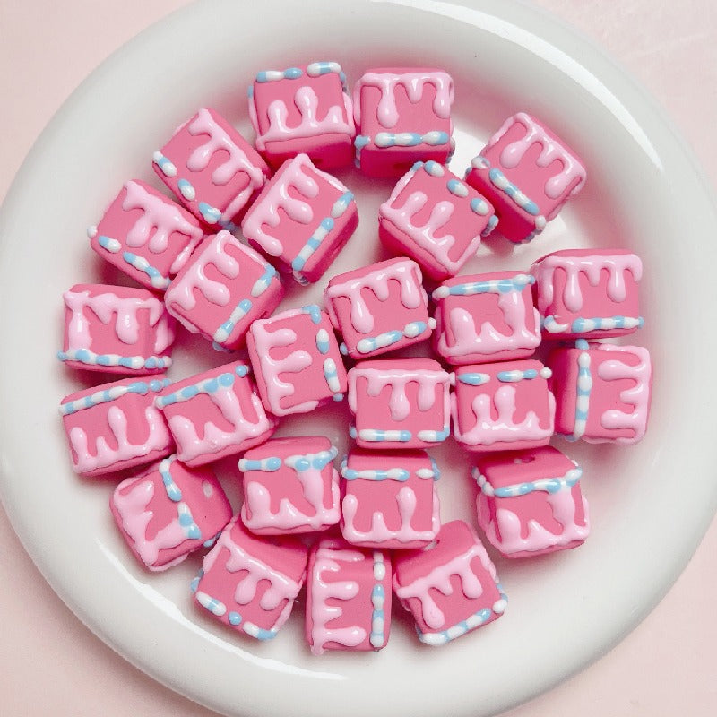 Hand Painted Cube Acrylic Beads 16mm Cream Dripping Icing 5pcs 4