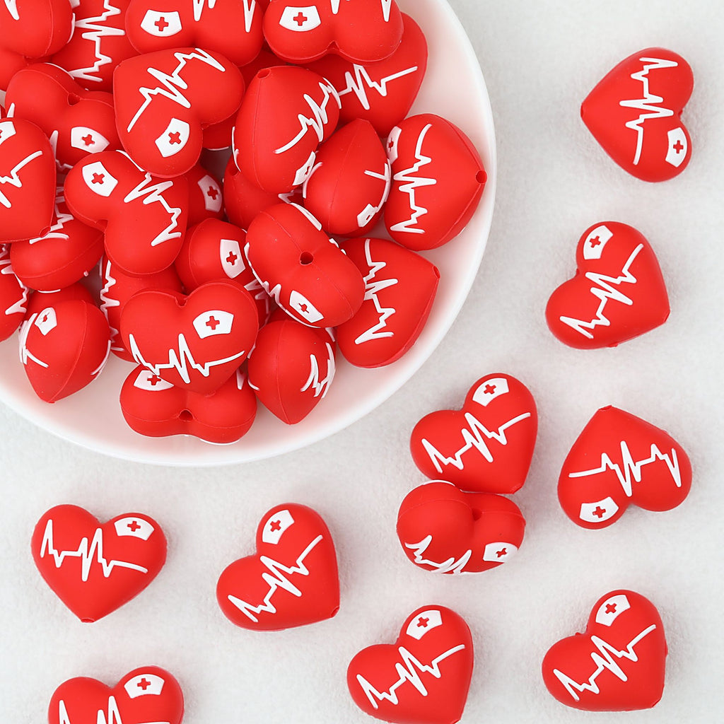 3D Red Heart Shape Silicone Focal Beads with ECG Design 20pcs