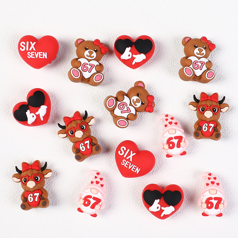 3D Highland Cow Silicone Focal Beads Wholesale, Six Seven 67 Red Love Heart Character