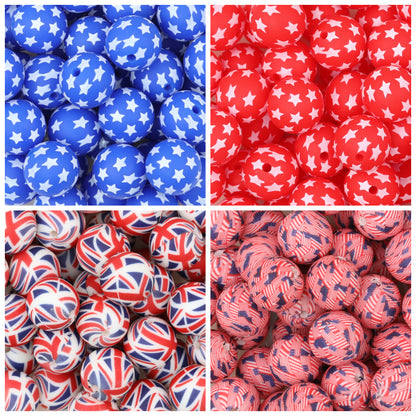 15mm US Themed Printed Silicone Round Beads 50pcs
