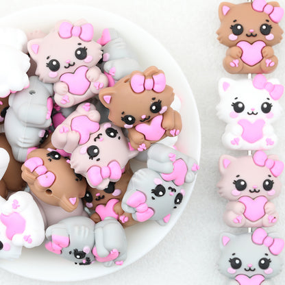 3D Cat Heart Bow Silicone Focal Beads  20 pcs