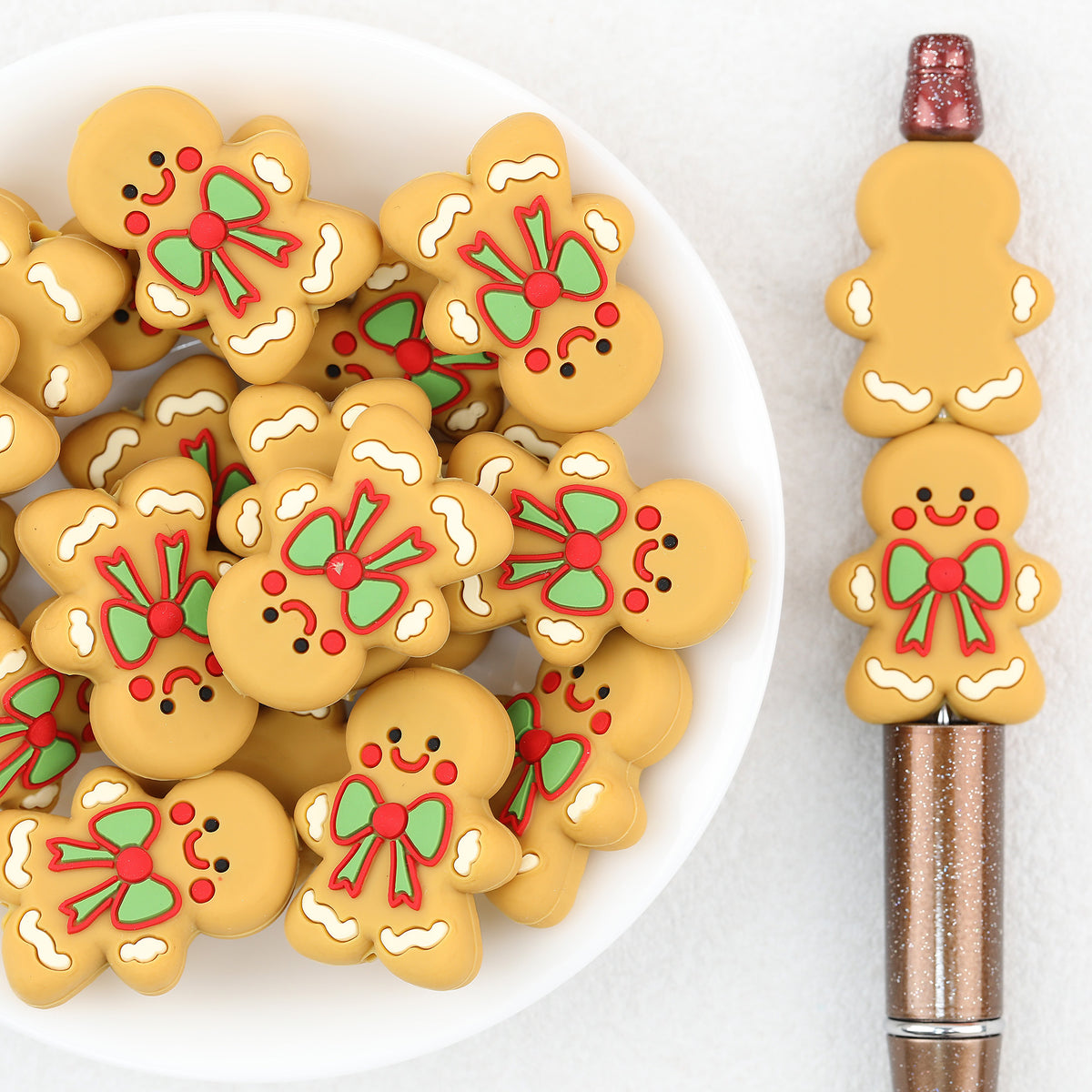 Smiling Gingerbread Silicone Focal Beads Wholesale, Christmas Bow Red Green Accents