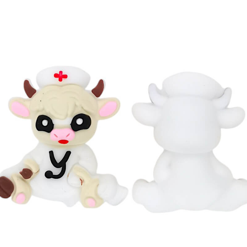 Silicone 3D Focal Beads Nurse Cow Wearing Nurse Hat Holding Stethoscope