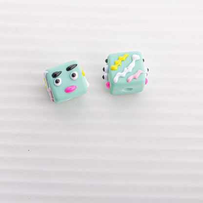 Painted Square Acrylic Beads 15mm Circus Pig Rabbit Expression 5pcs 4