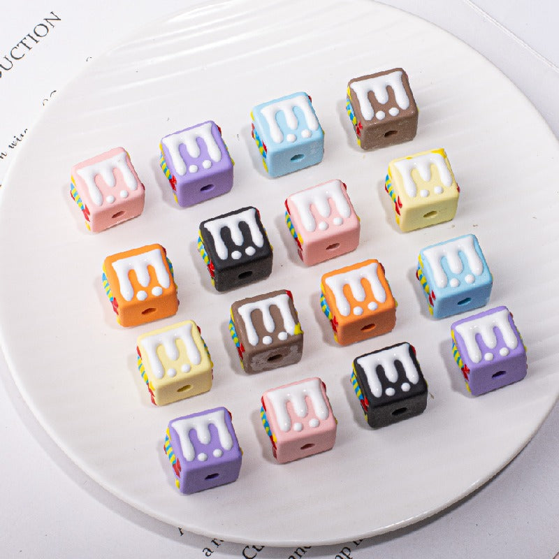 Hand Drawn Candle Square Acrylic Beads 16mm Colorful 5pcs