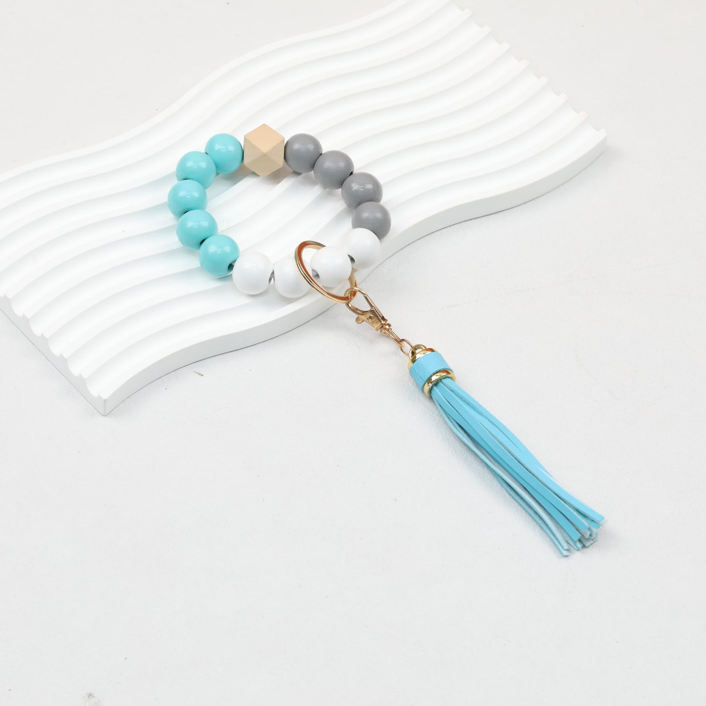 Tassel Wooden Beaded Keychain with PU Leather Tassel 23x10cm