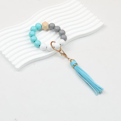 Tassel Wooden Beaded Keychain with PU Leather Tassel 23x10cm