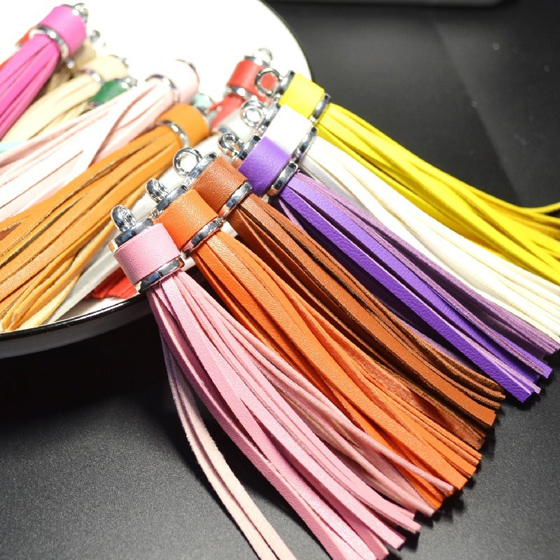 Silver PU Leather Tassel Keychain Metallic 9cm Length 5