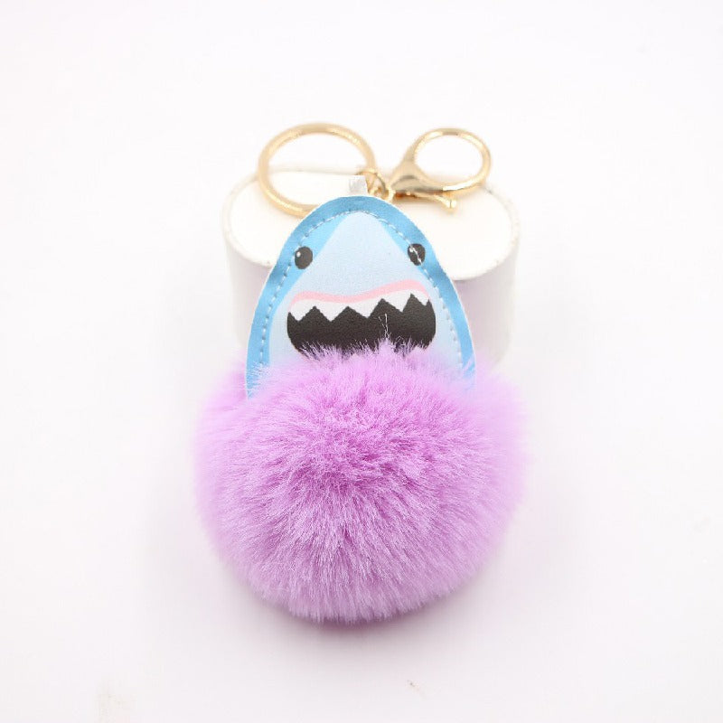 Plush Shark Keychain Blue Leather Face Fluffy Pom Pom Belly 6