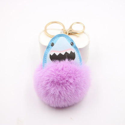 Plush Shark Keychain Blue Leather Face Fluffy Pom Pom Belly 6