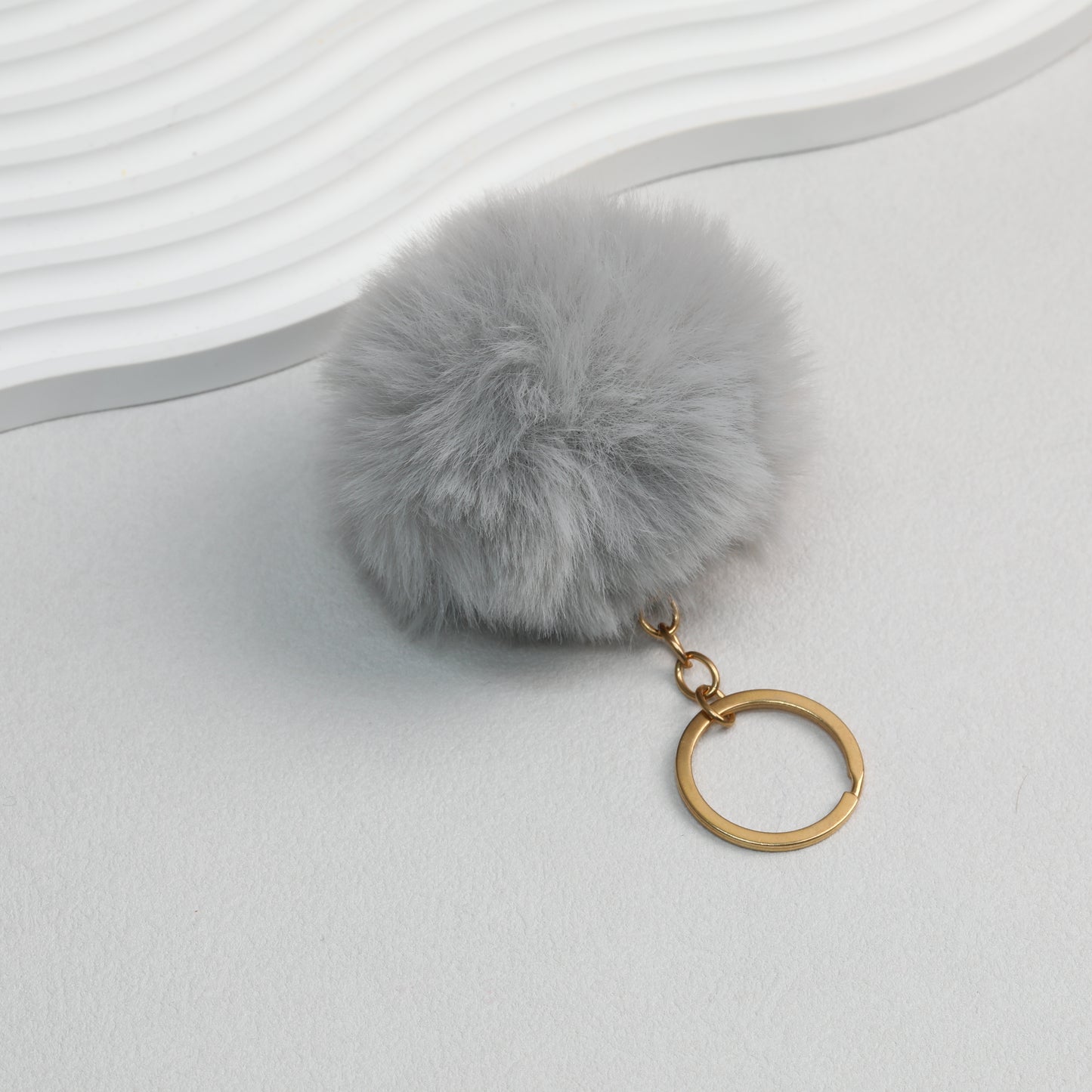 Pom Pom Keychain Plush Violet Faux Fur Ball Gold Ring 8cm