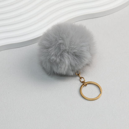 Pom Pom Keychain Plush Violet Faux Fur Ball Gold Ring 8cm