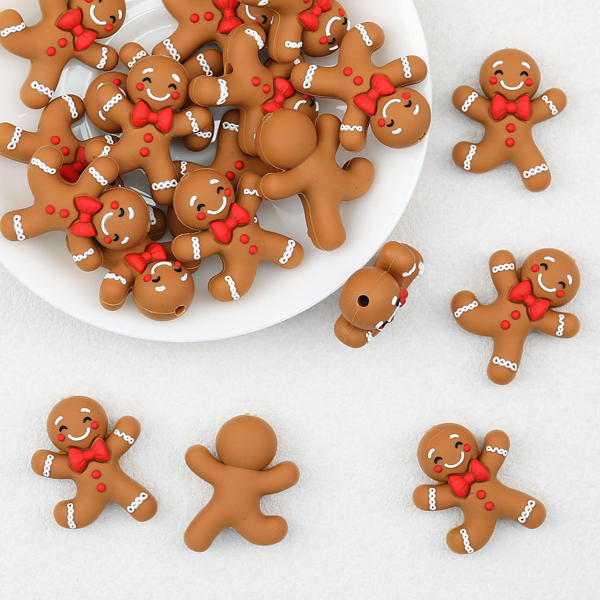 3D Gingerbread Man Red Bow Tie Silicone Focal Beads 20pcs