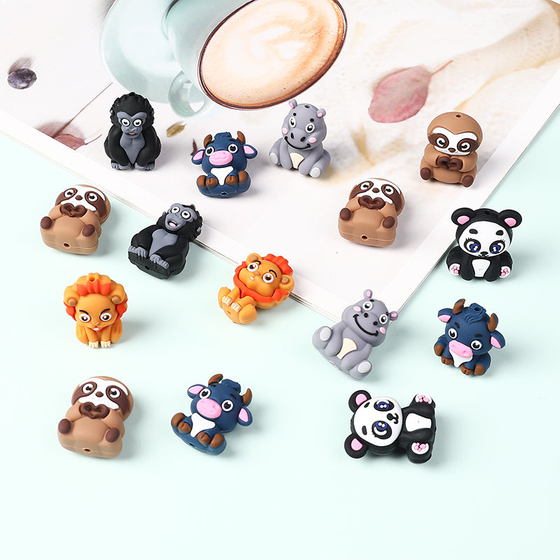 Silicone 3D Focal Beads Animal Panda Lion Sloth Hippopotamus Cow Sitting Pose 20Pcs 2