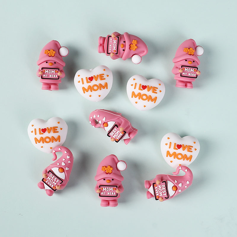 Silicone 3D Focal Beads Mothers Day Pink Hat Gnome Holding Sign 2