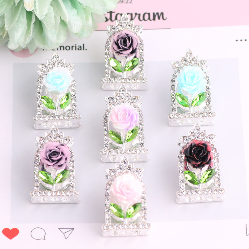 24mm Rose Frame Rhinestone Beads Alloy Decorative 3pcs