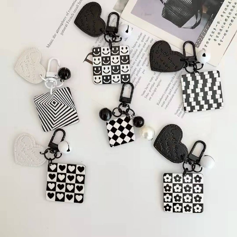 Cartoon Acrylic Plaid Striped Heart Leather Keychain Monochrome Design 2