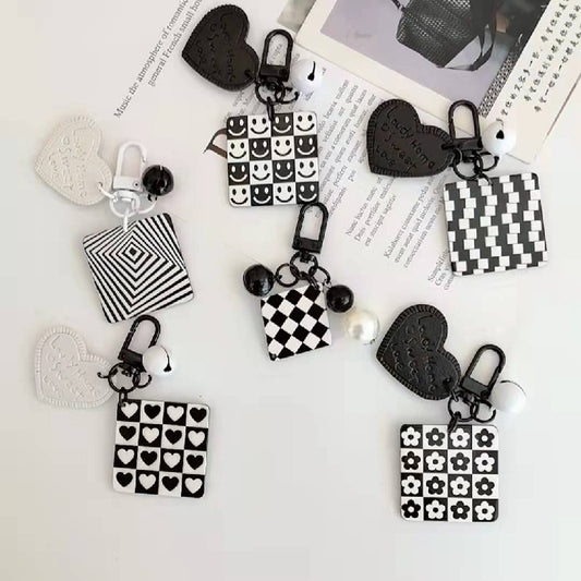 Cartoon Acrylic Plaid Striped Heart Leather Keychain Monochrome Design 2