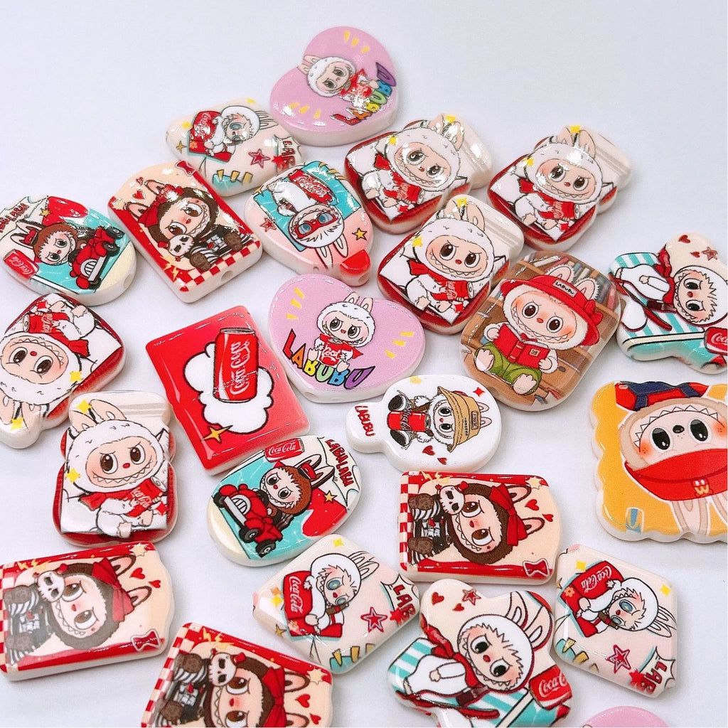 Mixed Shape Acrylic Beads Cola Labub Printed Design 50pcs