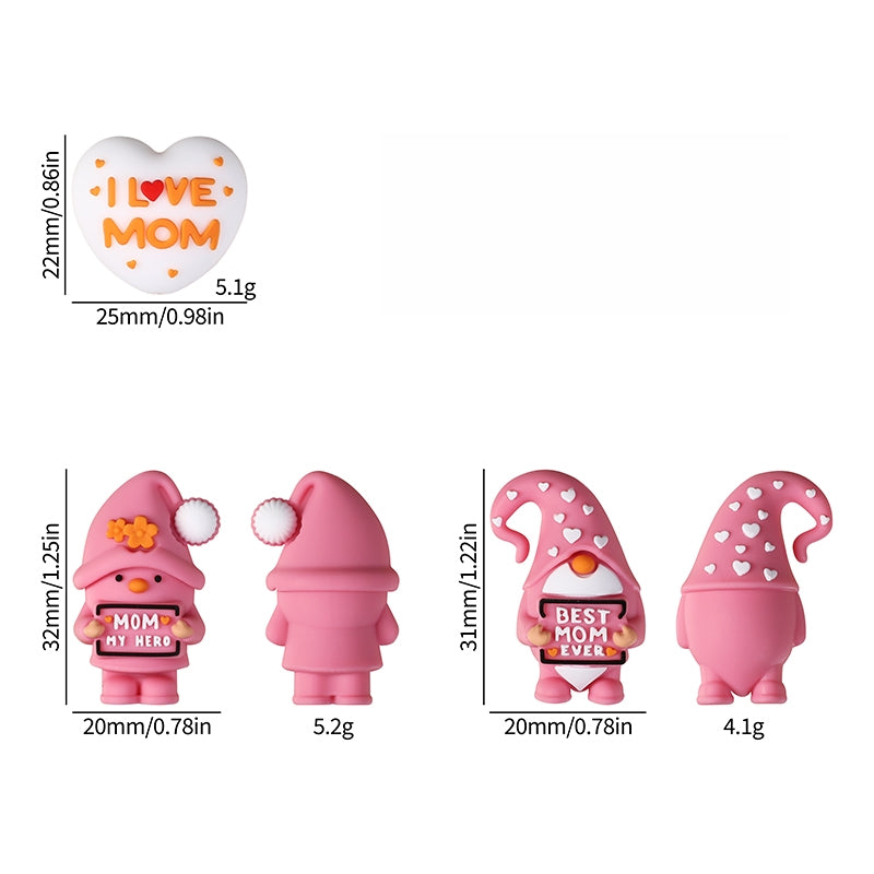 Silicone 3D Focal Beads Mothers Day Pink Hat Gnome Holding Sign 9
