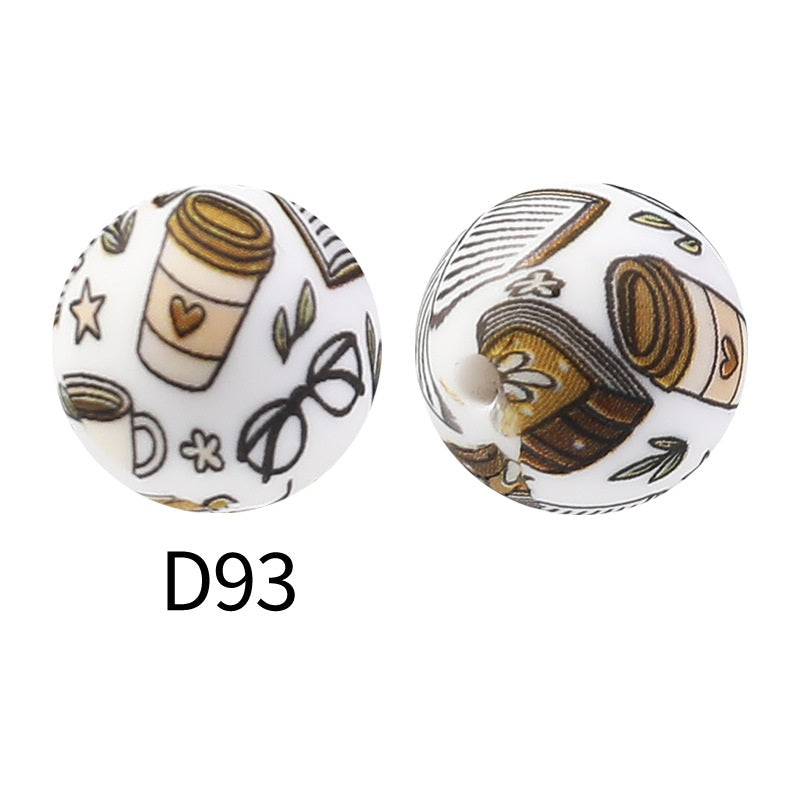 50Pcs 15mm Colored pattern printed silicone beads 95