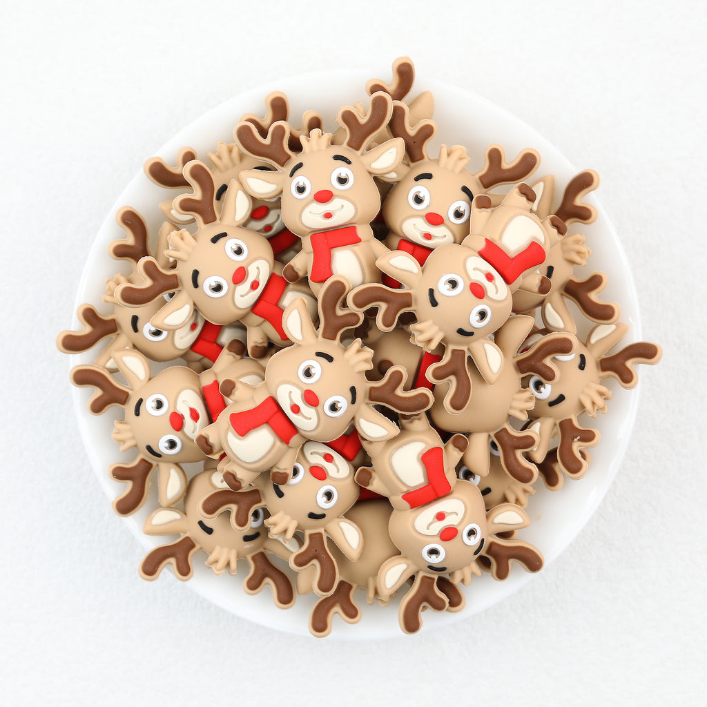 3D Red Scarf Cute Reindeer Silicone Focal Beads