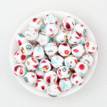 15mm Printed Pattern Silicone Beads Colorful Design 50pcs 4