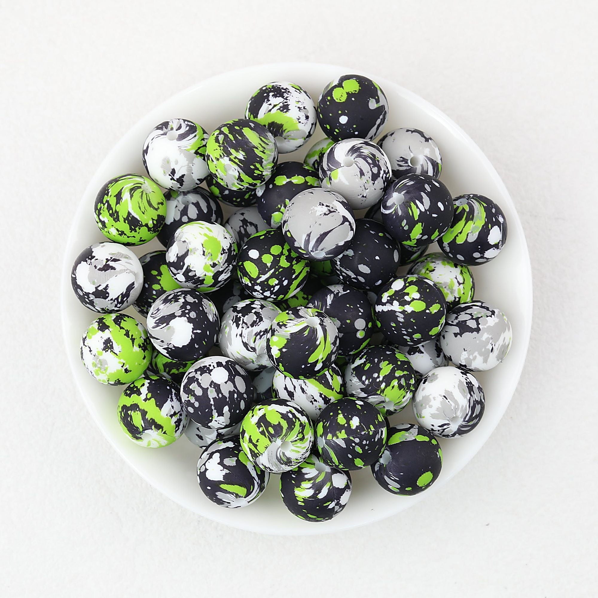 15mm Patterned Printed Silicone Round Beads Bright Colors 50pcs - Green Color Flower