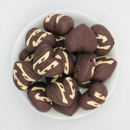 3D Coffee Bean and Heart Silicone Focal Beads Brown Cream 20pcs