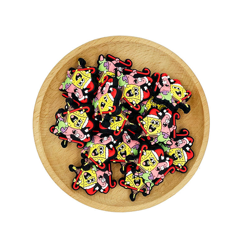 Silicone Focal Beads Christmas SpongeBob And Patrick Star Holding Candy Canes 20pcs 2