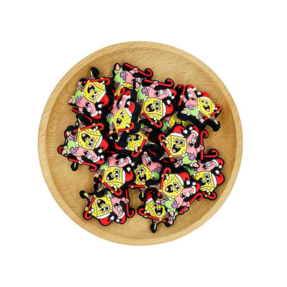 Silicone Focal Beads Christmas SpongeBob And Patrick Star Holding Candy Canes 20pcs 2