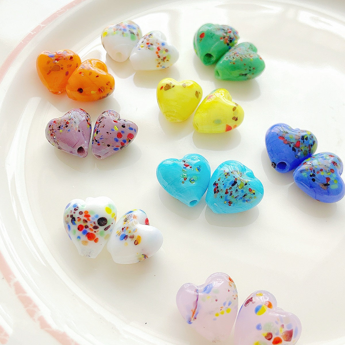 Lampwork Glass Beads Heart 12mm Handmade Confetti Pattern 10pcs