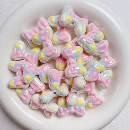 Hand-Painted Bow Heart Acrylic Beads 21×29mm Glossy Pastel 5pcs 9