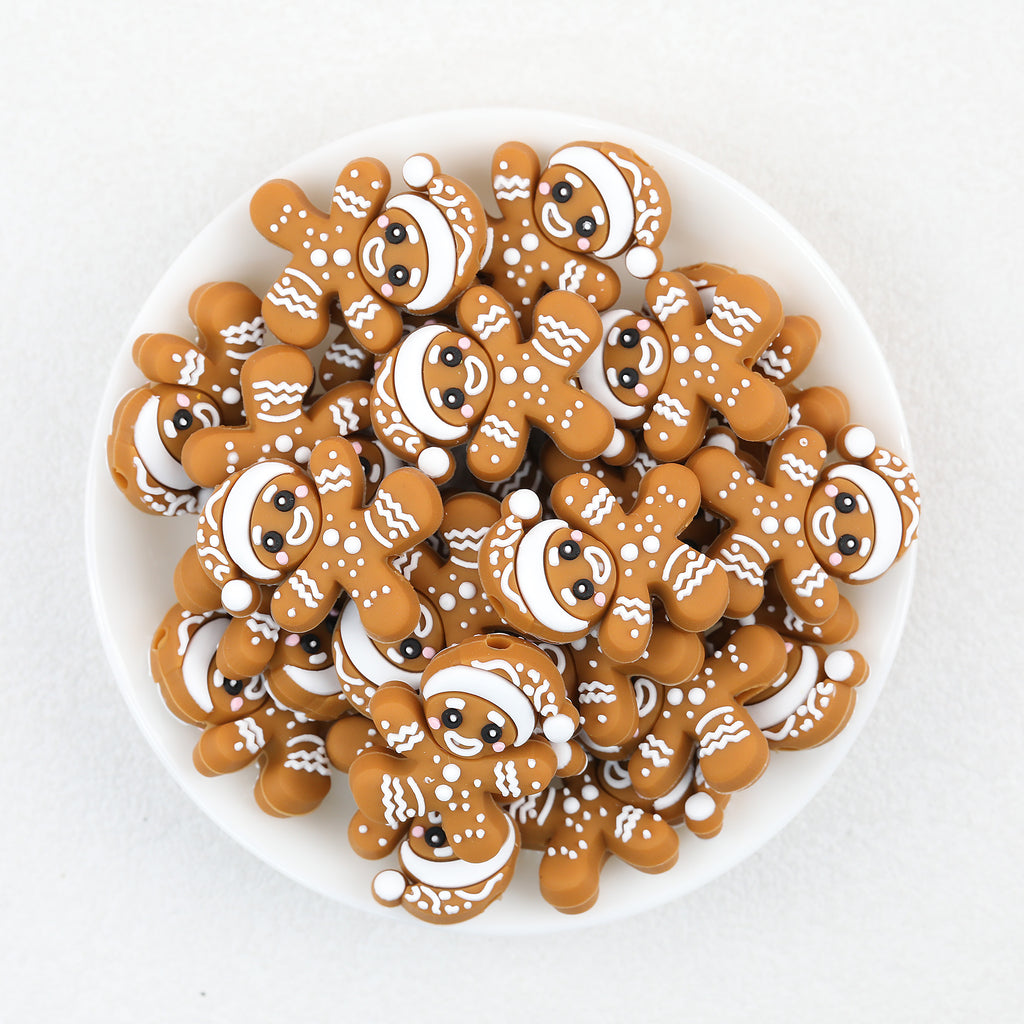 3D Gingerbread Santa Hat Silicone Focal Beads Wholesale, Christmas Brown White Character Design
