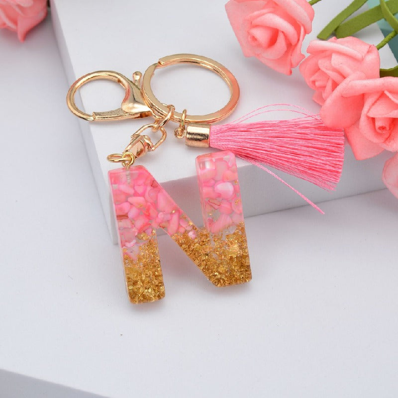 Resin Floral Pink Tassel Monogram Keychain Alphabet Letter A 14