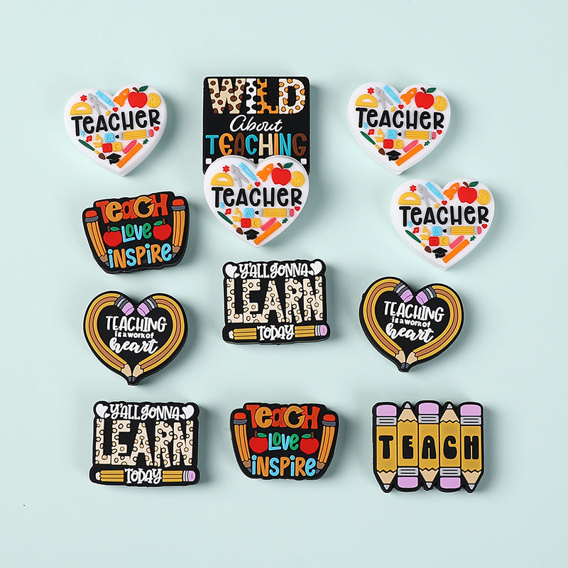 Silicone Focal Beads Teachers Day Heart Shaped Text Motifs 20pcs 4