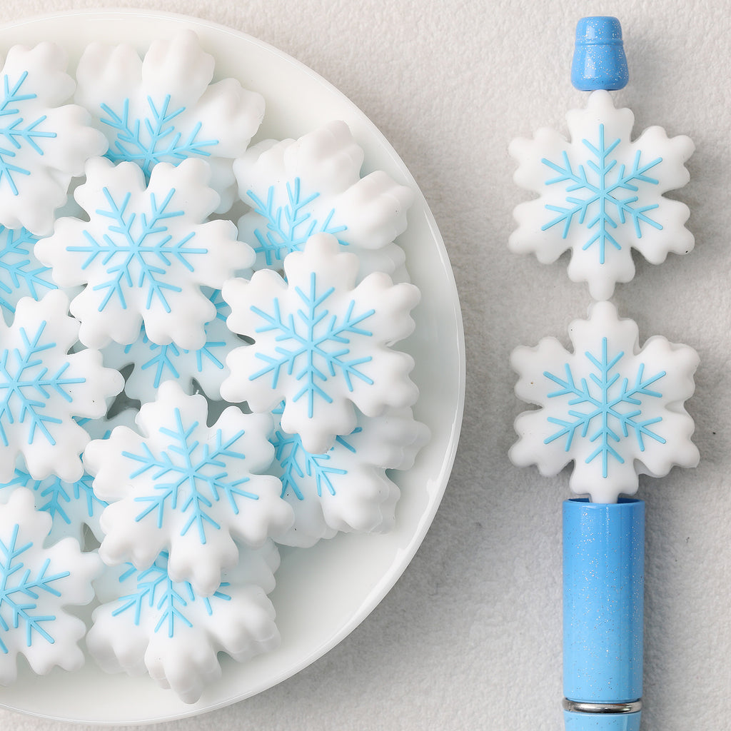 3D Snowflake Silicone Focal Beads Wholesale, White and Blue Christmas Design