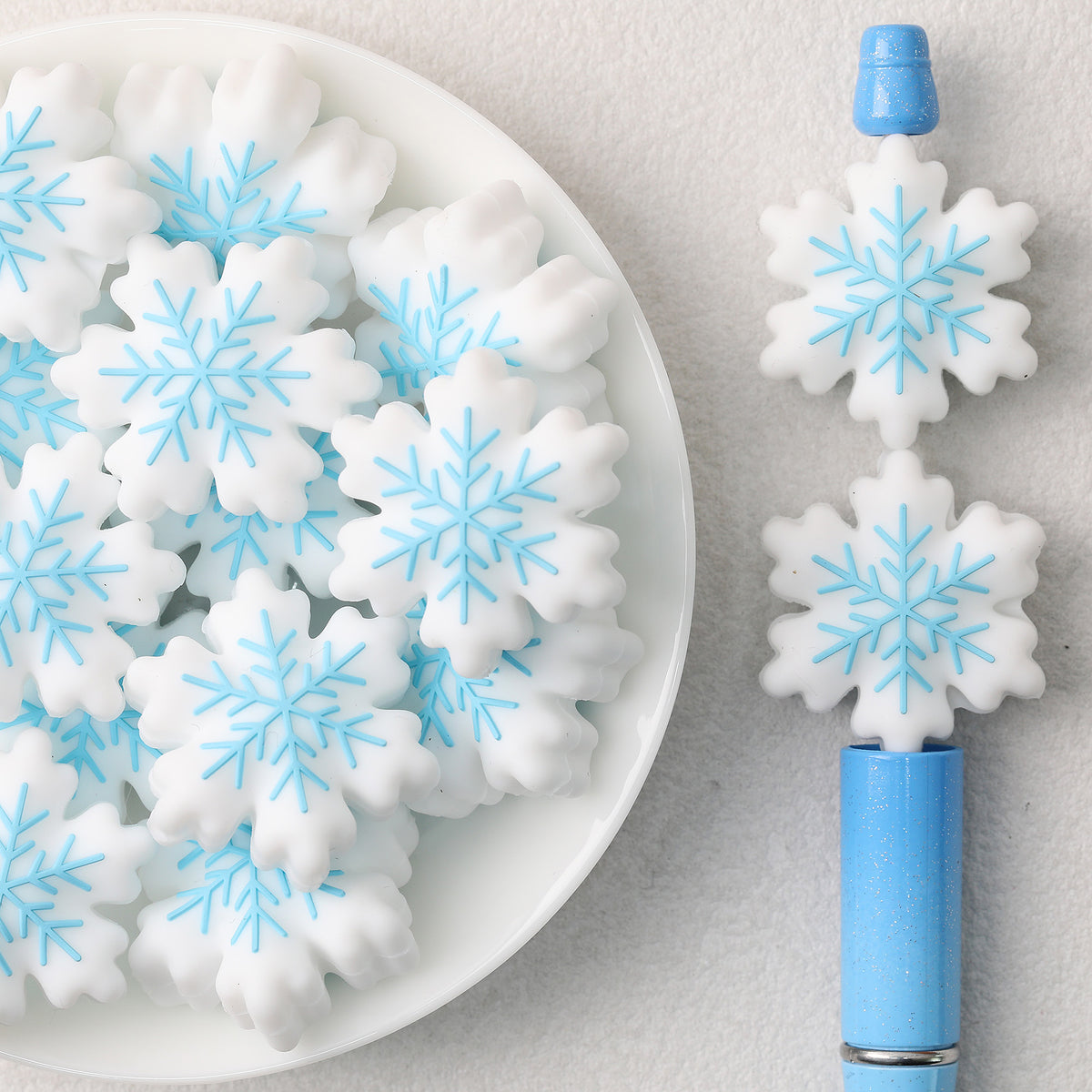 3D Snowflake Silicone Focal Beads Wholesale, White and Blue Christmas Design