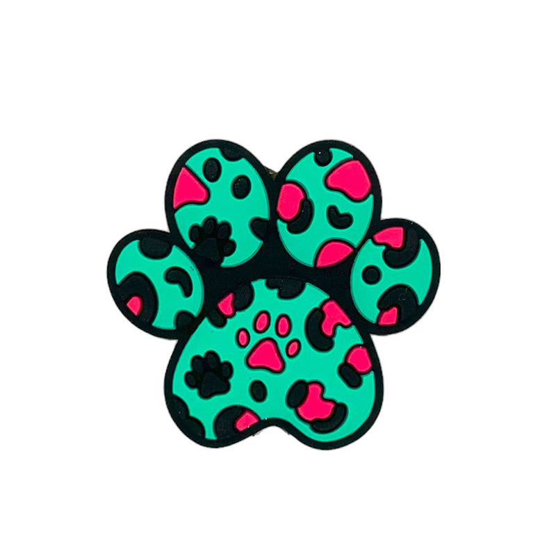 Silicone Focal Beads Paw Prints Turquoise and Pink Pattern 20pcs